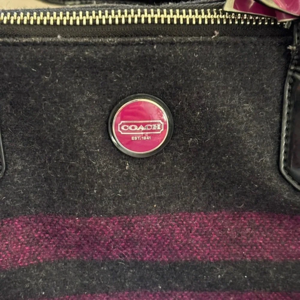Coach Signature Wool Stripe Satchel‎ Passion Berry Charcoal F24784